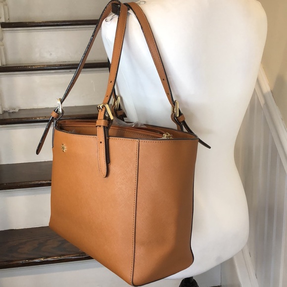TORY BURCH Saffiano Leather Shoulder Bag Brown Leather Tote Bag Medallion Lining - Picture 3 of 17